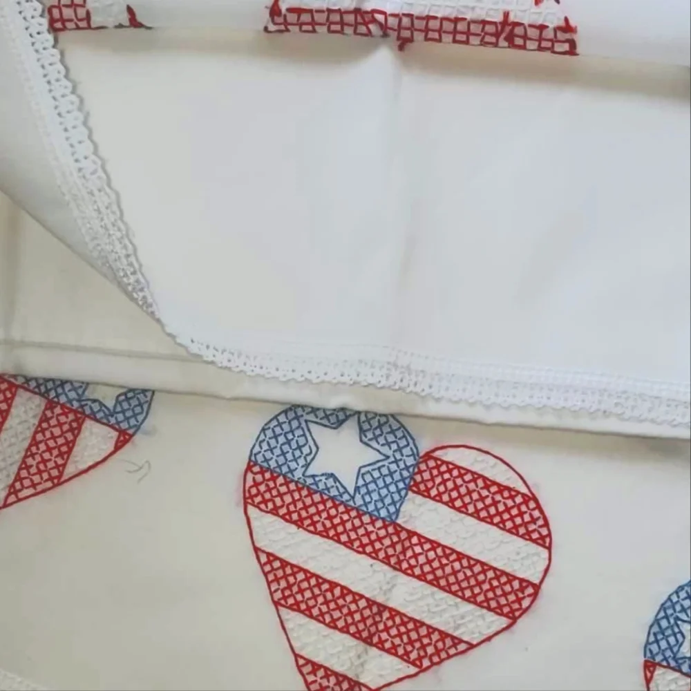 New HANDMADE PATRIOTIC PILLOWCASES Red White & Blue Cross-stitch Hearts
